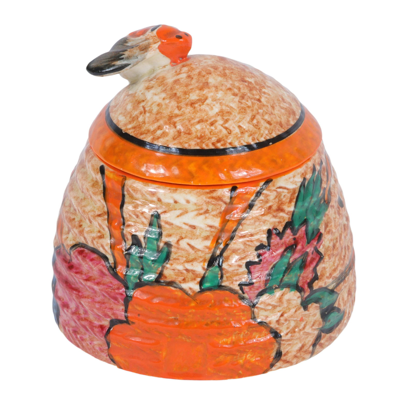 Clarice Cliff Bizarre Ware "Cafe-Au-Lait", hand painted honey pot 3"H x 2 7/8"Diam. (1 of 8)