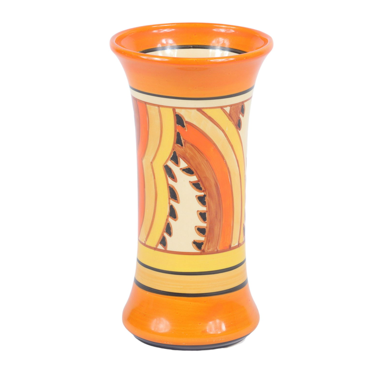 Clarice Cliff Bizarre Ware, shark's teeth pattern, 1930, hand painted tall flared rim vase 8 1/8"H x: Clarice Cliff Bizarre Ware, shark's teeth pattern, 1930, hand painted tall flared rim vase 8 1/8"H x 4 3/8"Diam.