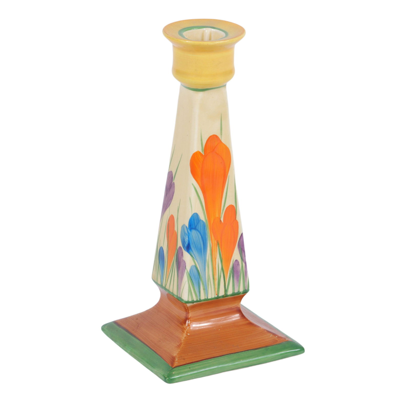 Clarice Cliff Bizarre Ware "Crocus" hand painted candlestick 8"H x 3 3/4"W x 3 3/4"D (1 of 6)