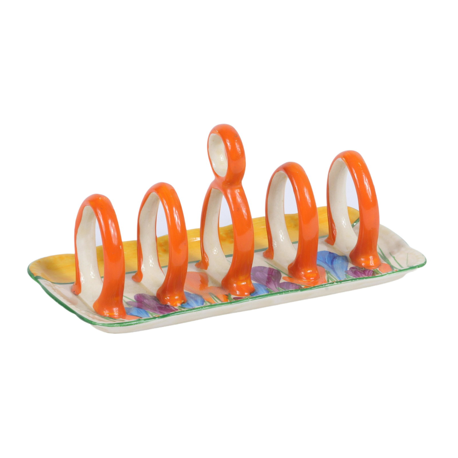 Clarice Cliff Bizarre Ware "Crocus" hand painted toast rack holder. 3 1/4"H x 6 1/2"W x 3 1/4"D (1 of 6)