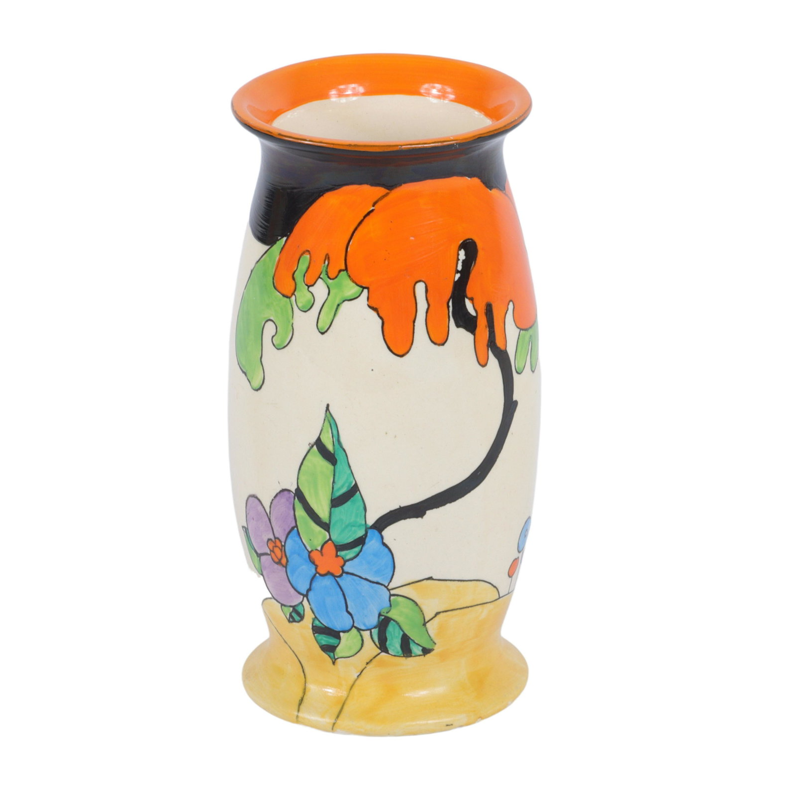 Clarice Cliff Bizarre Ware "Woodland" hand painted vase with floral motif 6 1/8"H x 3"Diam. (1 of 6)
