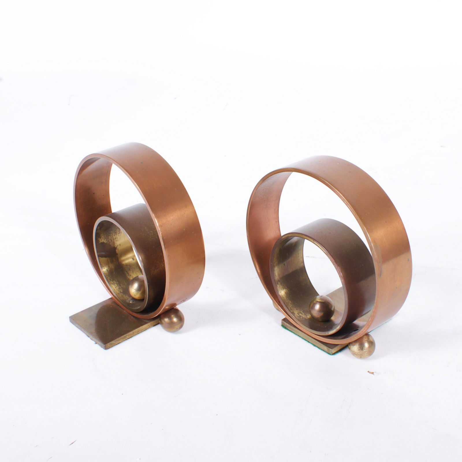 Pair Walter Von Nessen Art Deco "Ring" copper and brass bookends by Chase Copper and Brass Company 5 (1 of 9)