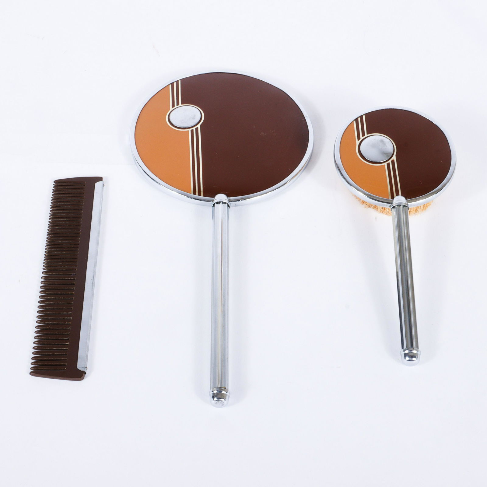 Norman Bel Geddes Art Deco chrome and lacquer vanity set: hand mirror, brush, & comb 12 1/8"H x 5 (1 of 10)
