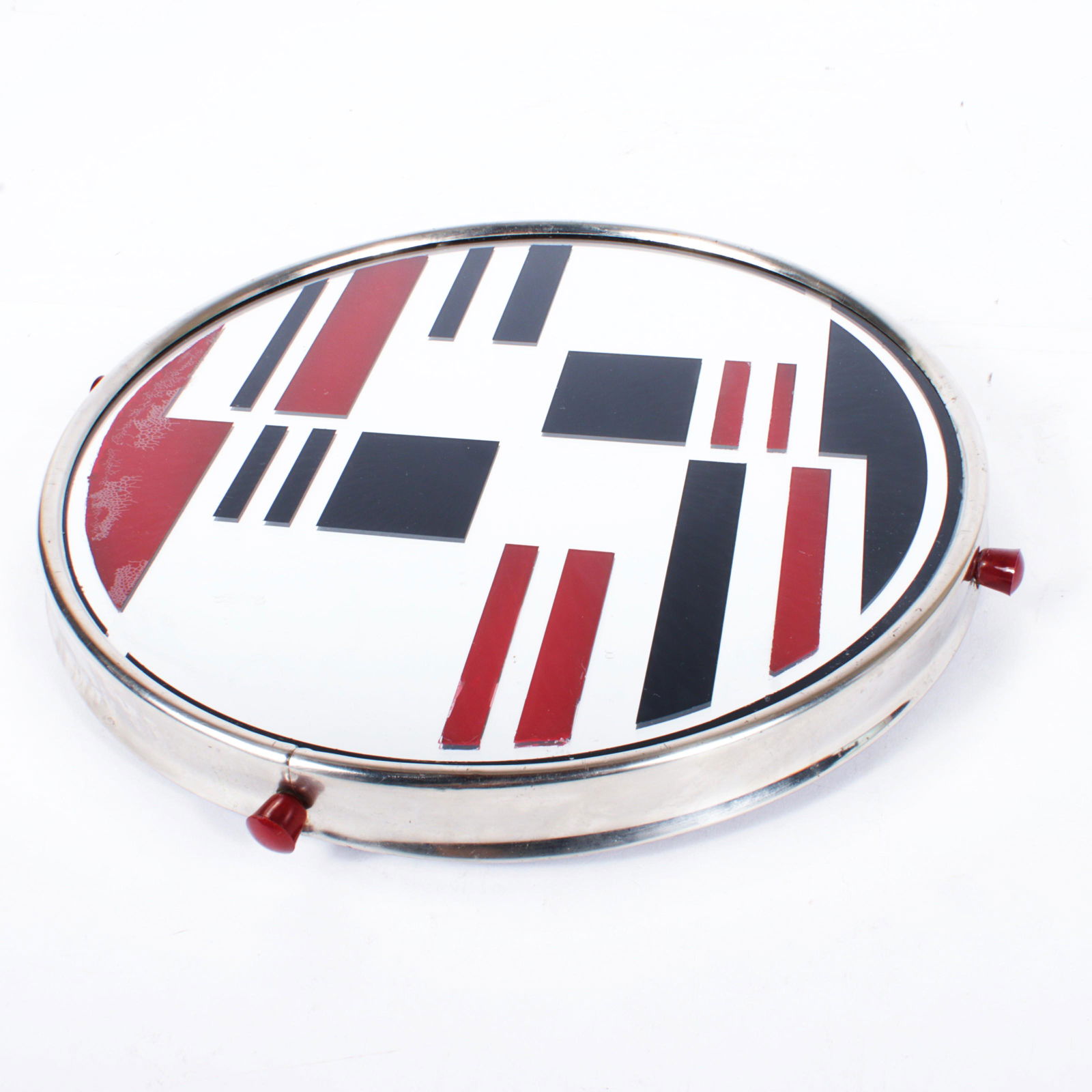 Art Deco Machine Age cocktail tray, red and black reverse painted geometric mirror 1 3/4"H x (1 of 7)