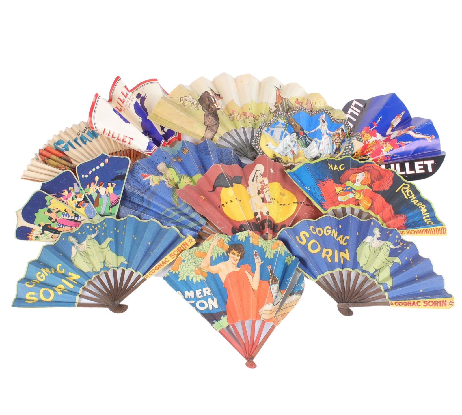 French Art Deco liquor lithograph advertising folding paper fans 12pc group 8 1/2"H x 15 1/2"W x 1"D (1 of 10)
