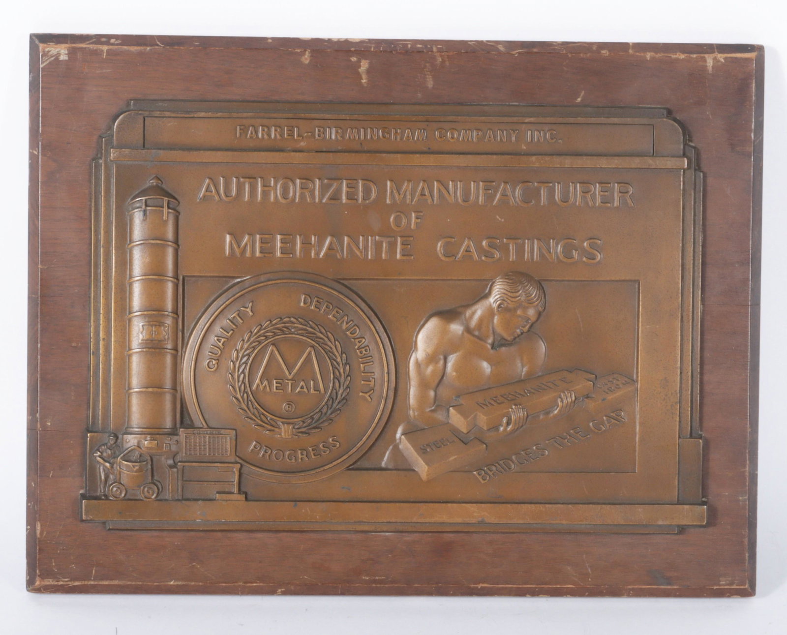 Medallic Art Co NY Art Deco WPA era bronze on wood Meehanite Metal advertising plaque for (1 of 8)