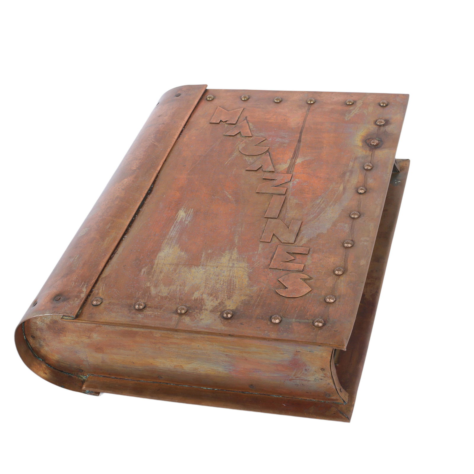 Art Deco / Machine Age Copper clad magazine rack; in the form of a large figural book with copper (1 of 7)