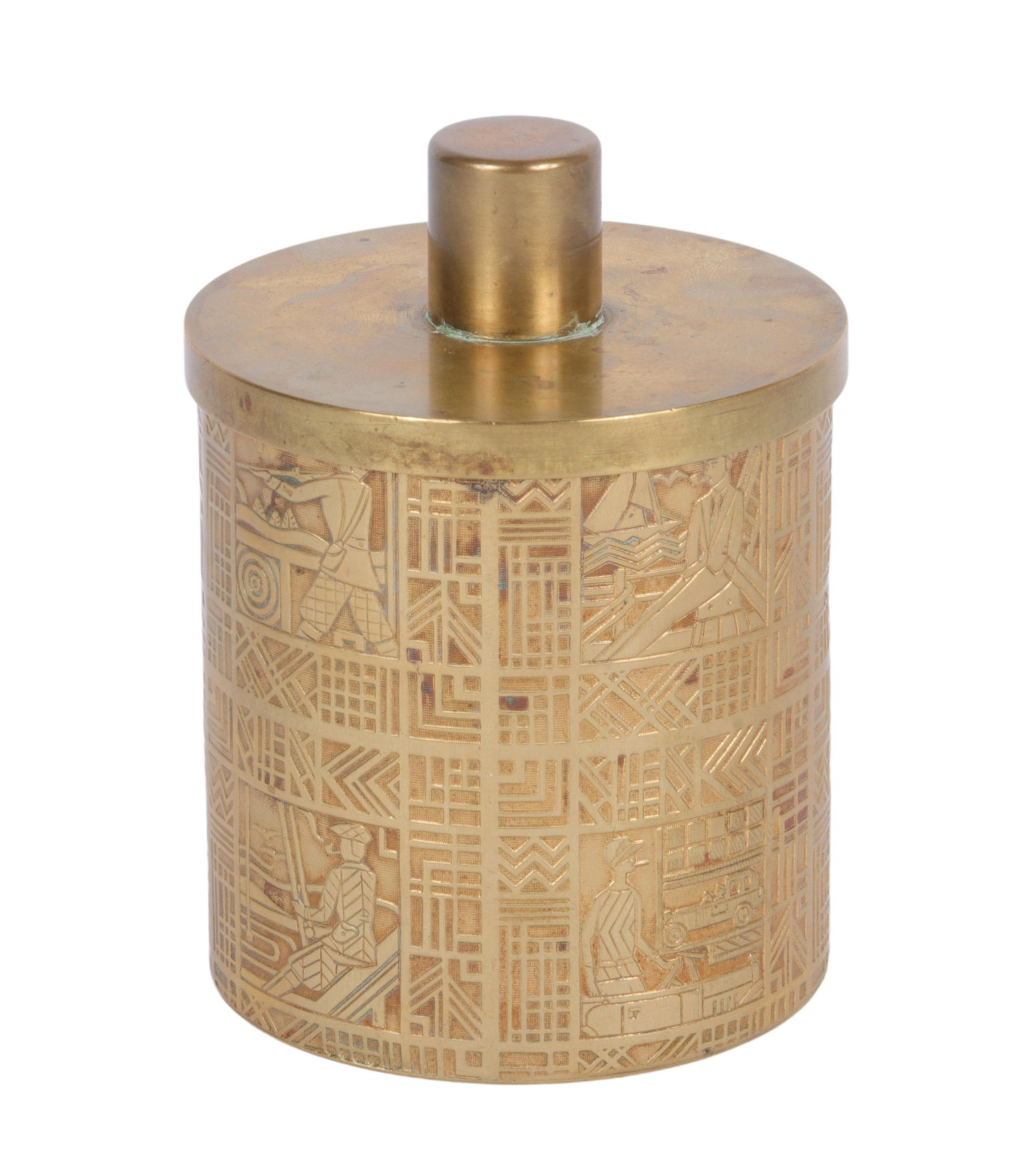 Aerozon German Art Deco brass cigarette box with industrial scene reliefs 4 1/4"H x 3"Diam. (1 of 6)