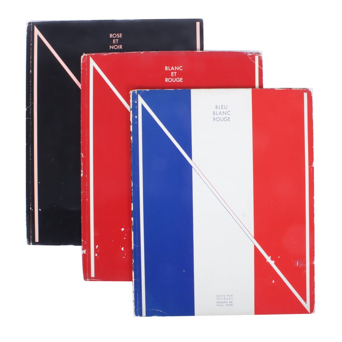 Set of 3 Paul Iribe (1883-1935) French art deco wine advertising print illustration folio volumes: Blanc et rouge; Rose et noir; Bleu blanc rouge, 1930-1932, Published by Etablissements Nicolas, Paris. --- 13"H x 10 1/4"W (one)