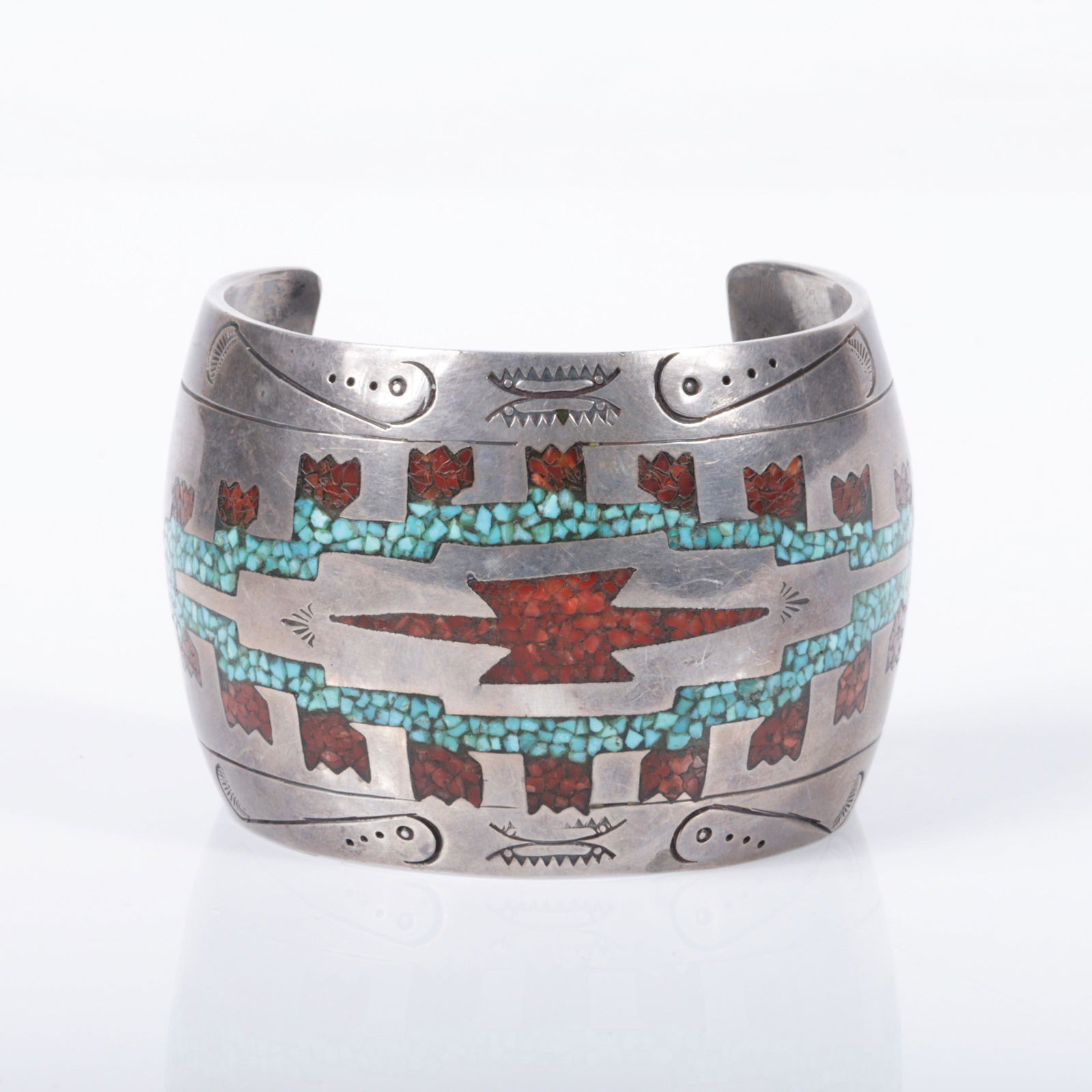 Navajo Old Pawn Native American sterling silver wide cuff bracelet with mosaic turquoise & coral (1 of 8)
