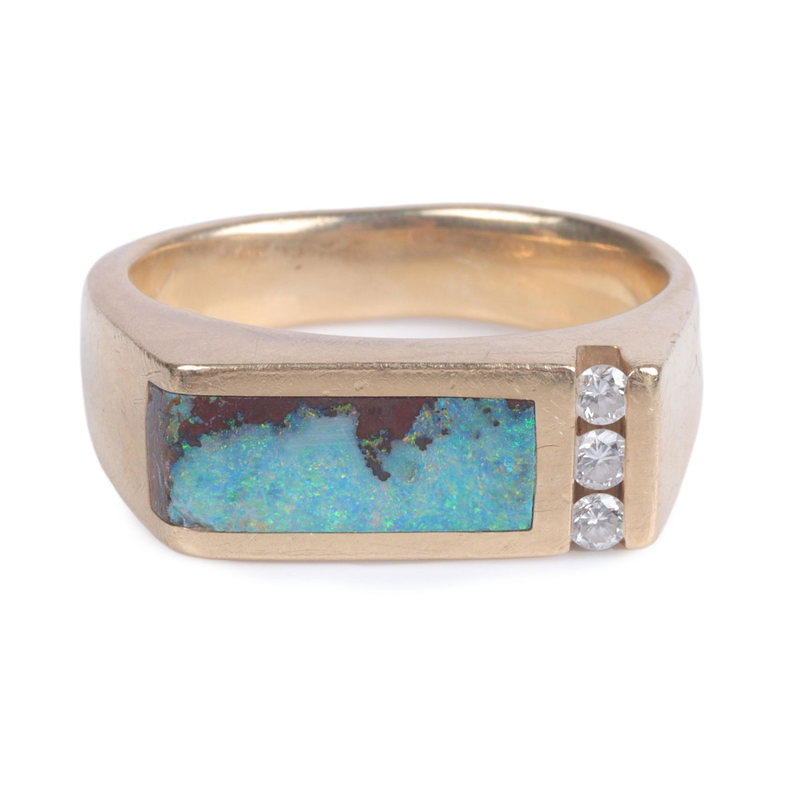 Joseph Cyberski 14K gold ring with inlaid fiery landscape / picture opal and three channel set (1 of 5)