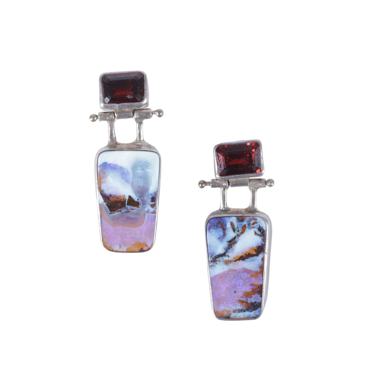 Studio artisan sterling silver landscape boulder opal and emerald cut garnet modernist hinge drop (1 of 6)
