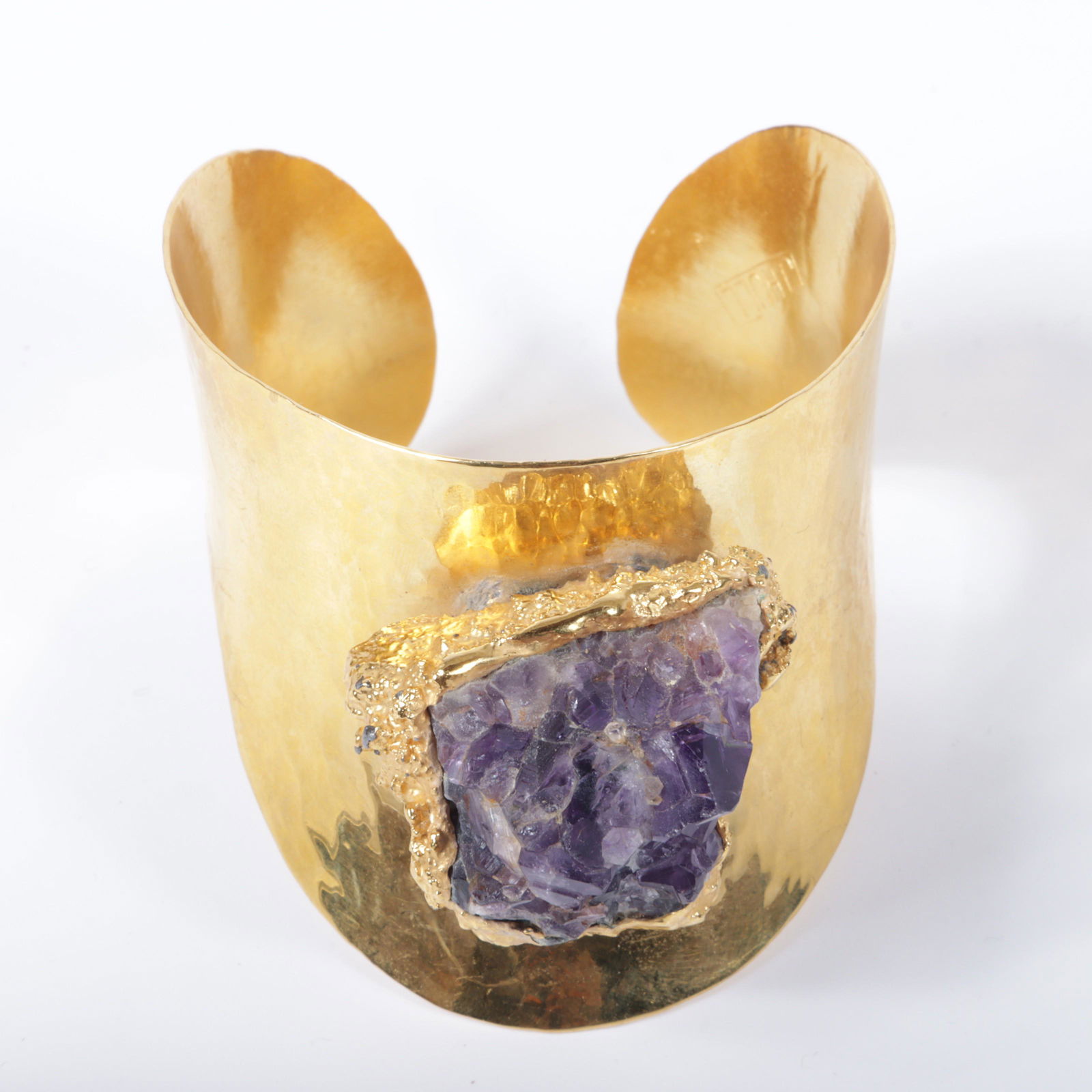 B&D Denmark gilt brass hammered wide cuff bracelet with raw amethyst crystal boulder. 3"Diam. (1 of 7)
