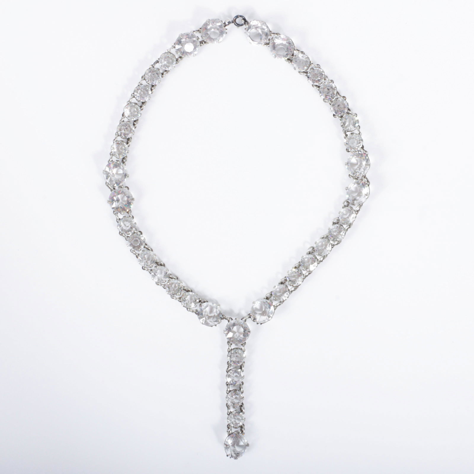 Antique sterling silver French Art Deco diamante line drop necklace with large double linked jewel (1 of 6)
