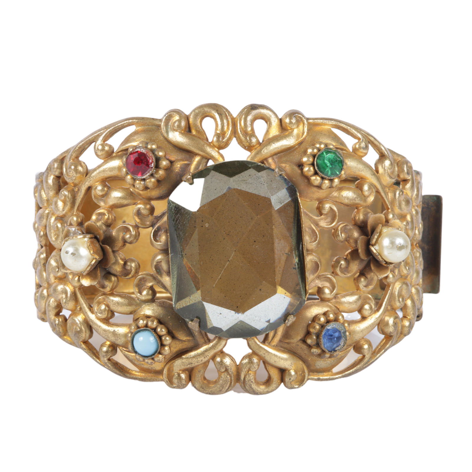 Austro Hungarian / Czech art deco gilt brass hinged bangle bracelet with embossed flowers, repousse (1 of 9)