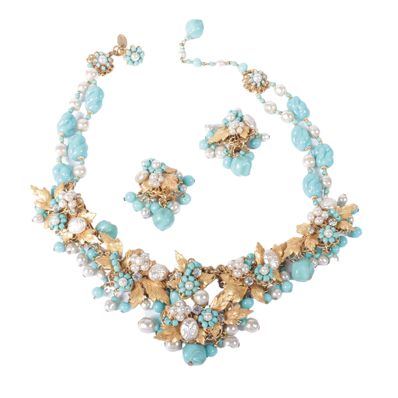Miriam Haskell gold tone faux turquoise & faux pearl floral collar necklace & earring set Adjustable (1 of 6)