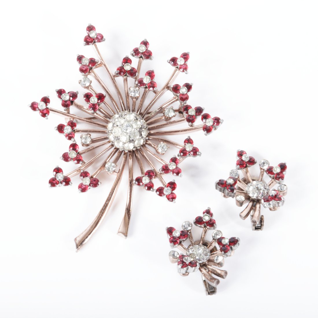 Pennino sterling vermeil starburst flower floral pin brooch & earring set with ruby red crystals & (1 of 10)
