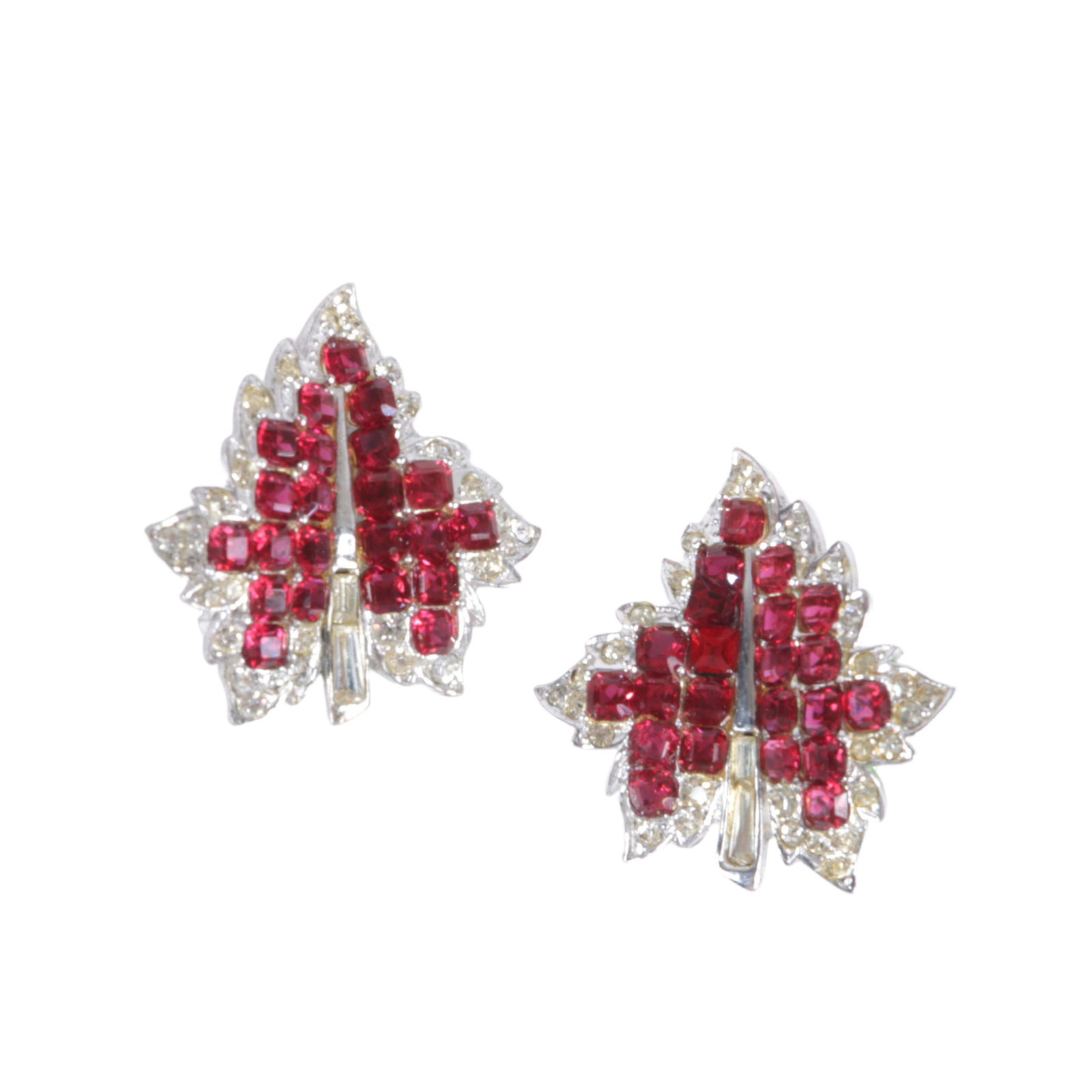 Marcel MB Boucher Retro sterling silver maple leaf figural earrings with ruby red invisibly set (1 of 5)