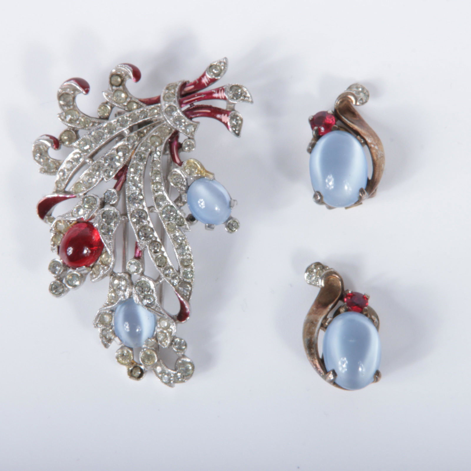 Trifari 2pc. Spaney / Alfred Philippe floral spray pave dress clip and sterling vermeil earring set (1 of 9)