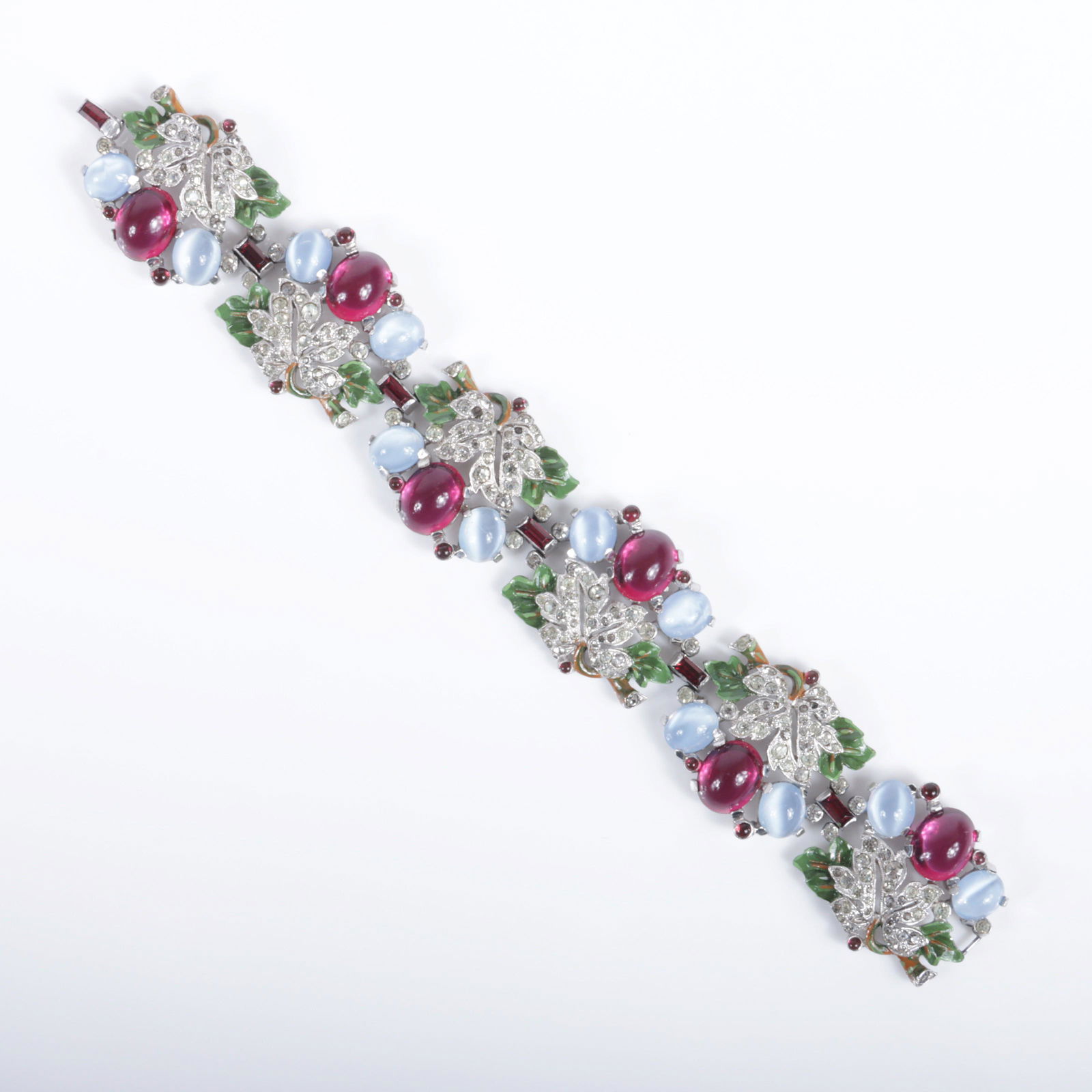 Trifari Alfred Philippe floral panel bracelet with enameled leaves, blue moonstone and ruby red (1 of 5)