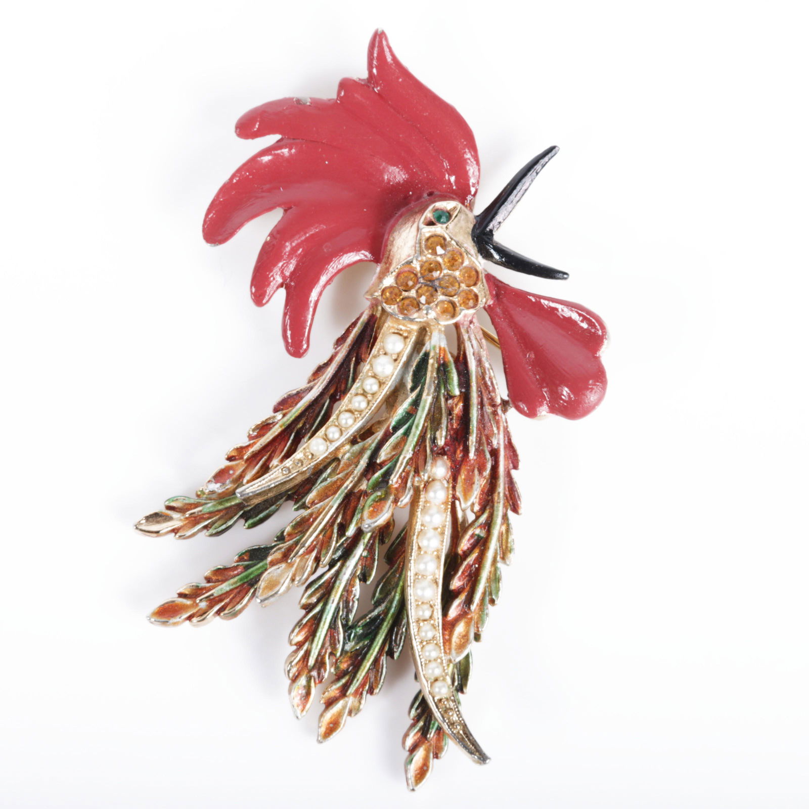ART crowing rooster figural pin brooch with enamel, rhinestones, and seed pearls. 2 7/8"H x 2"W x (1 of 5)