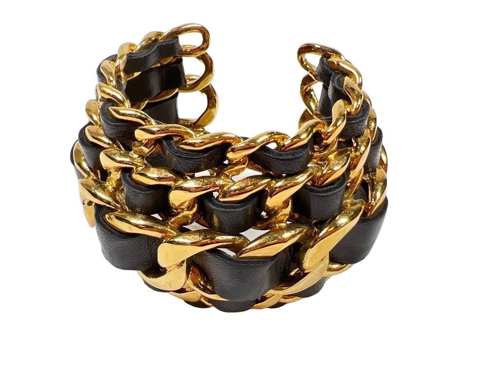 Chanel heavy couture designer runway cuff bracelet; gold wash fused chain link motif interwoven with (1 of 5)