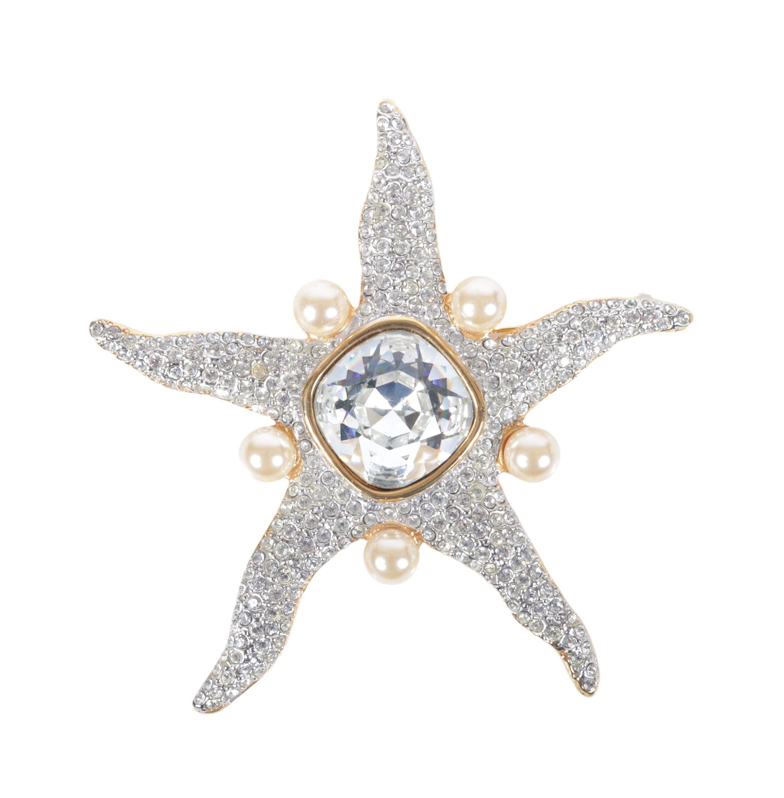 Valentino vintage gold tone pave rhinestone diamante figural starfish pin brooch with faux pearls & (1 of 6)