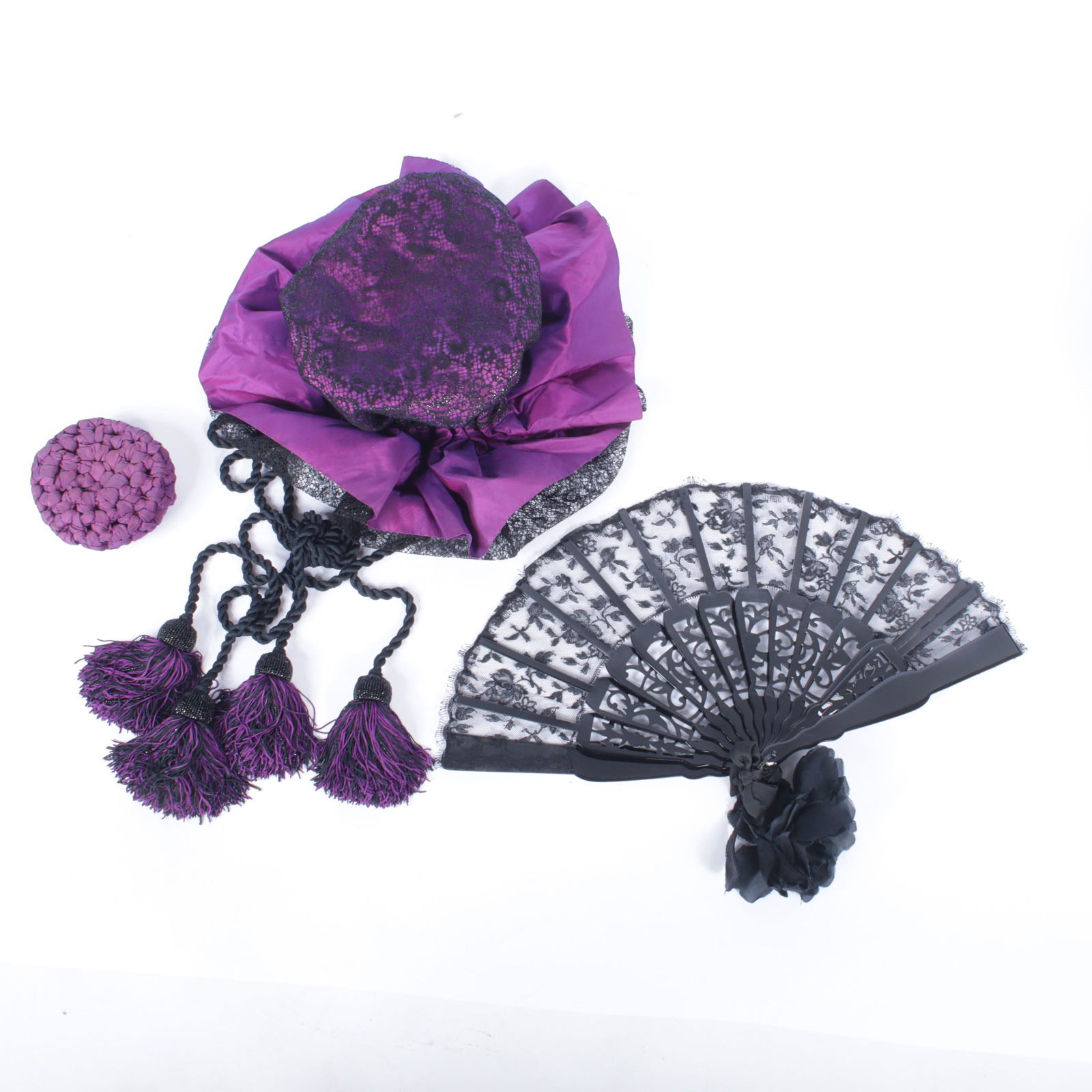 Isabel Canovas lace drawstring purse, pouch, and folding hand fan 3pc designer group: 14 1/2"H x 1 (1 of 20)