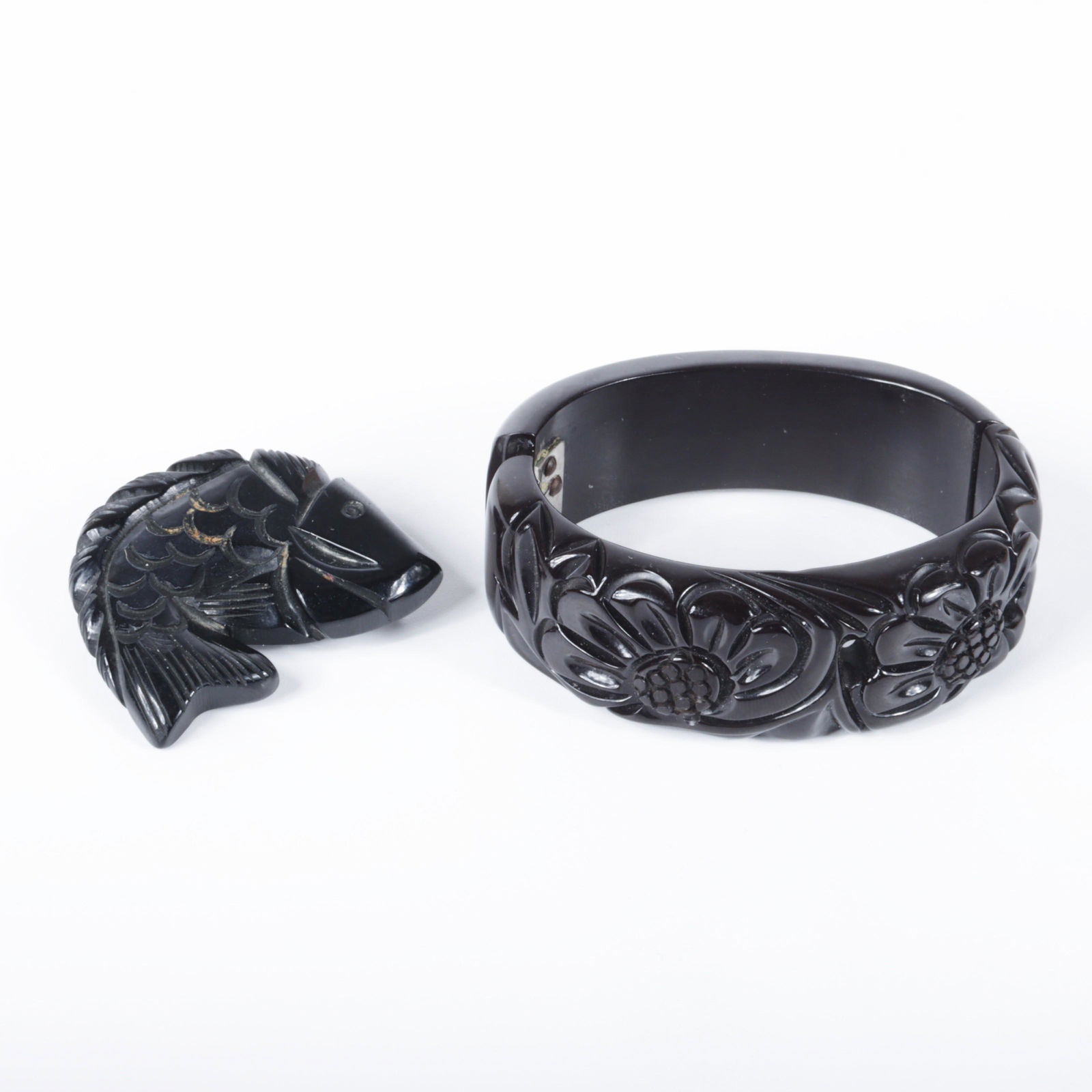 Vintage Bakelite jewelry 2pc: Bakelite brown / black clamper cuff bracelet with deeply carved floral (1 of 6)