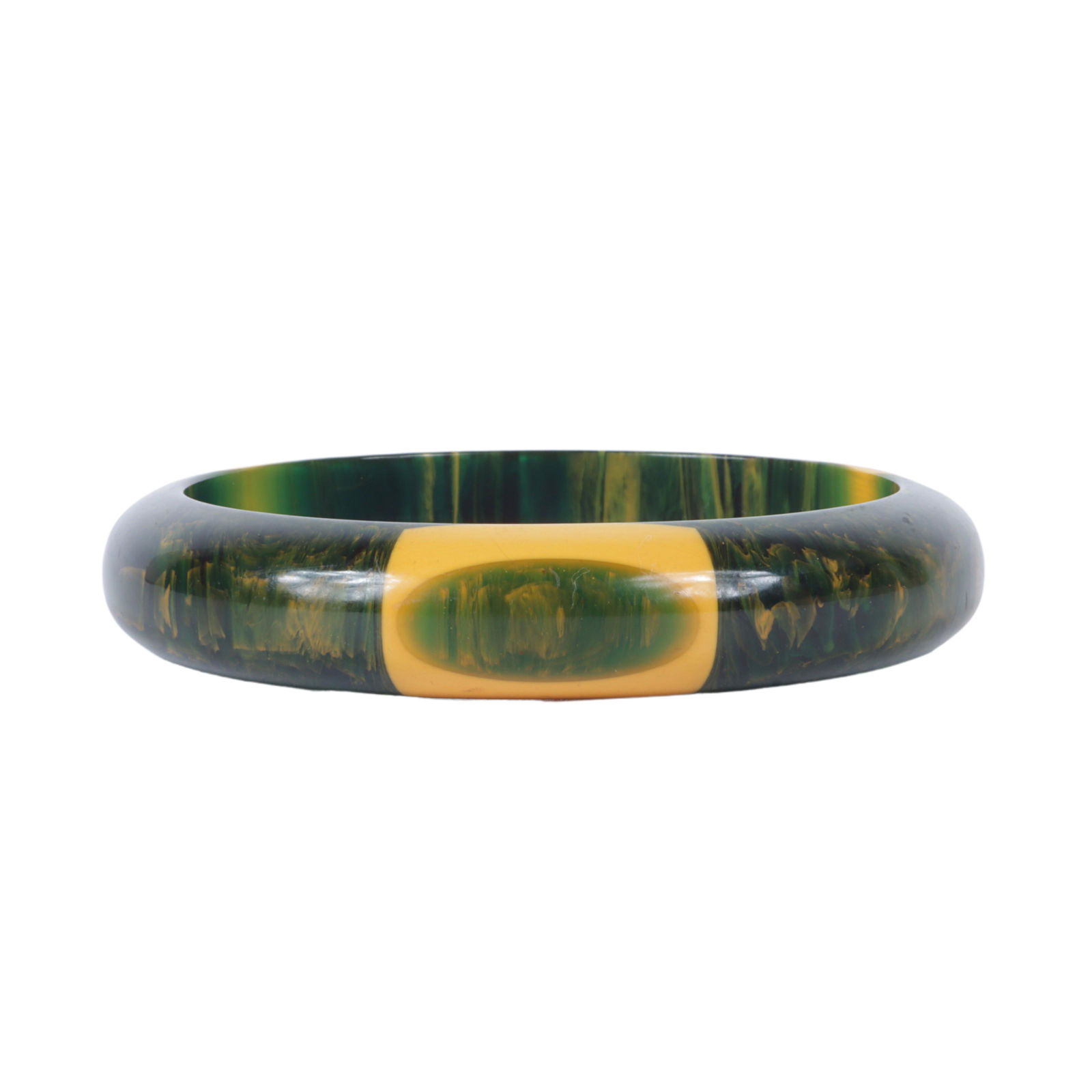 Belle Kogan green "end of day" and egg yolk Bakelite elongated inlay dot bangle bracelet 2 1/2"Inner (1 of 4)