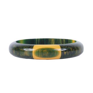 Belle Kogan green "end of day" and egg yolk Bakelite elongated inlay dot bangle bracelet 2 1/2"Inner: Belle Kogan green "end of day" and egg yolk Bakelite elongated inlay dot bangle bracelet 2 1/2"Inner Diam. x 1 1/2"W