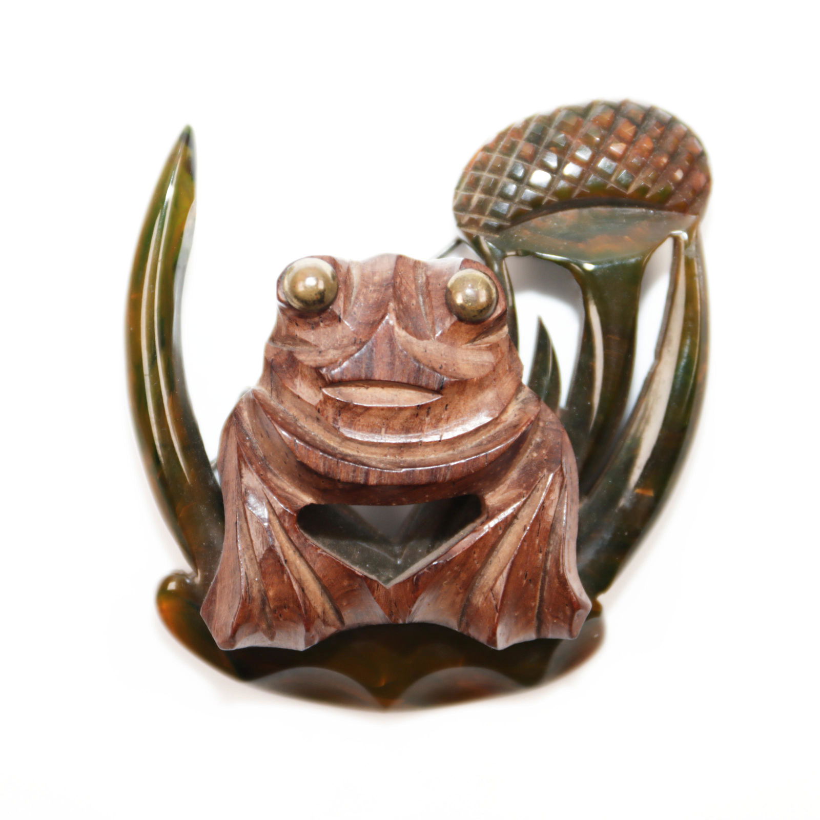 Vintage unusual Bakelite backed and wood figural frog under a toadstool pin brooch with green "end (1 of 4)