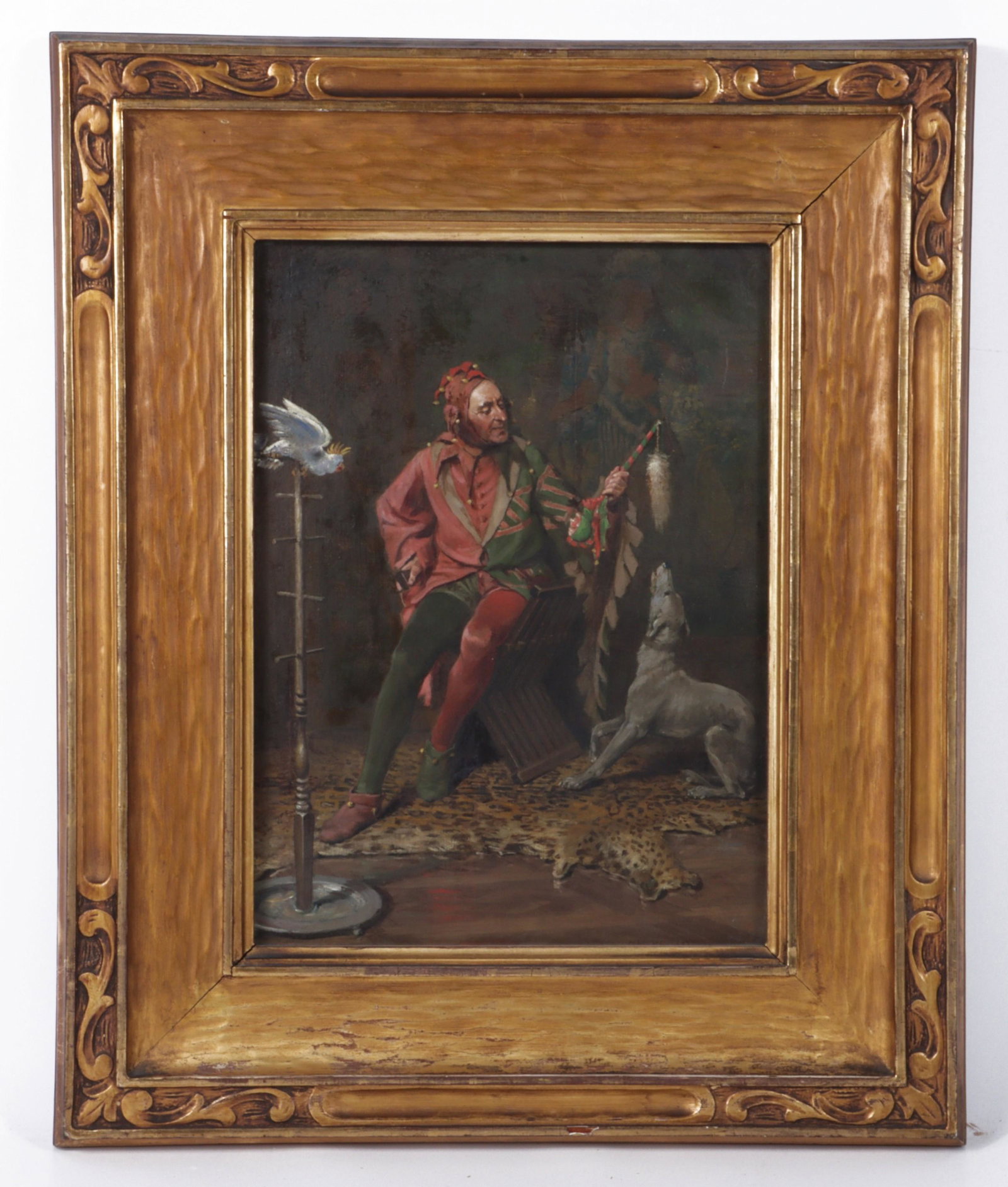 John Ward Dunsmore, Michigan / Massachusetts / France (1856-1945), jester with pets, oil on canvas,: John Ward Dunsmore Michigan / Massachusetts / France (1856-1945) jester with pets oil on canvas Signed lower right. Biography from the Archives of askART: John Ward Dunsmore, born in Riley, Butler Cou