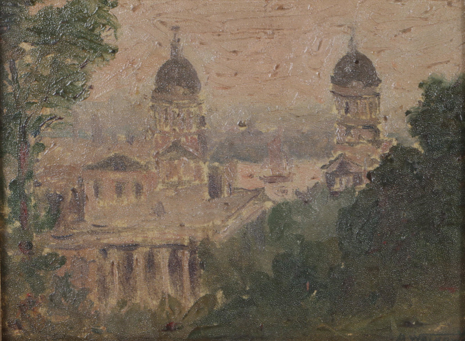 Abraham Walkowitz, New York / Russian Federation (1878-1965), cityscape, oil on board, 5"H x 7 1/2"W (1 of 6)