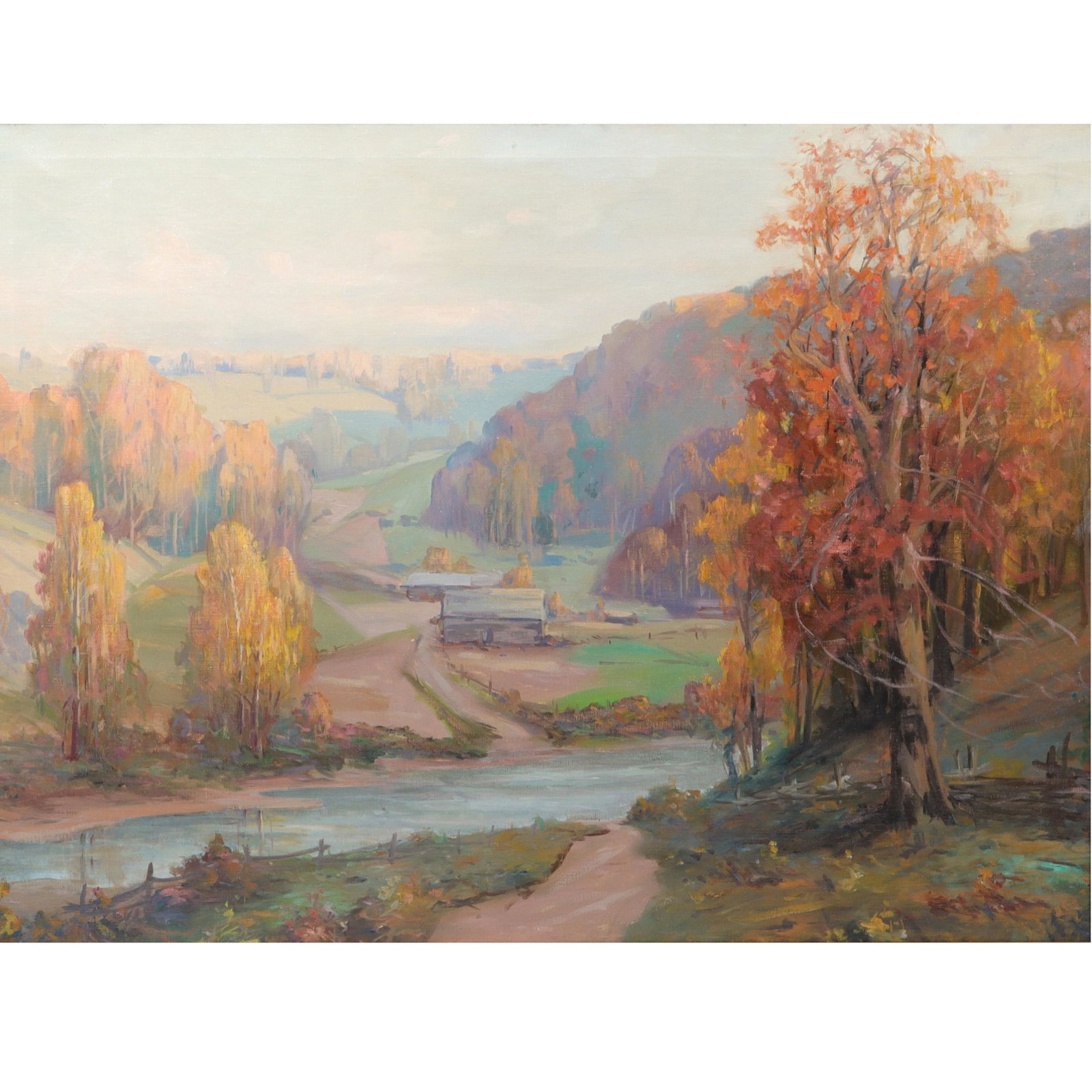 Unknown Brown County Autumn landscape oil on canvas ca.1940s. 35 1/2"H x 47 1/2"W (sight), 40 1/2"H (1 of 13)