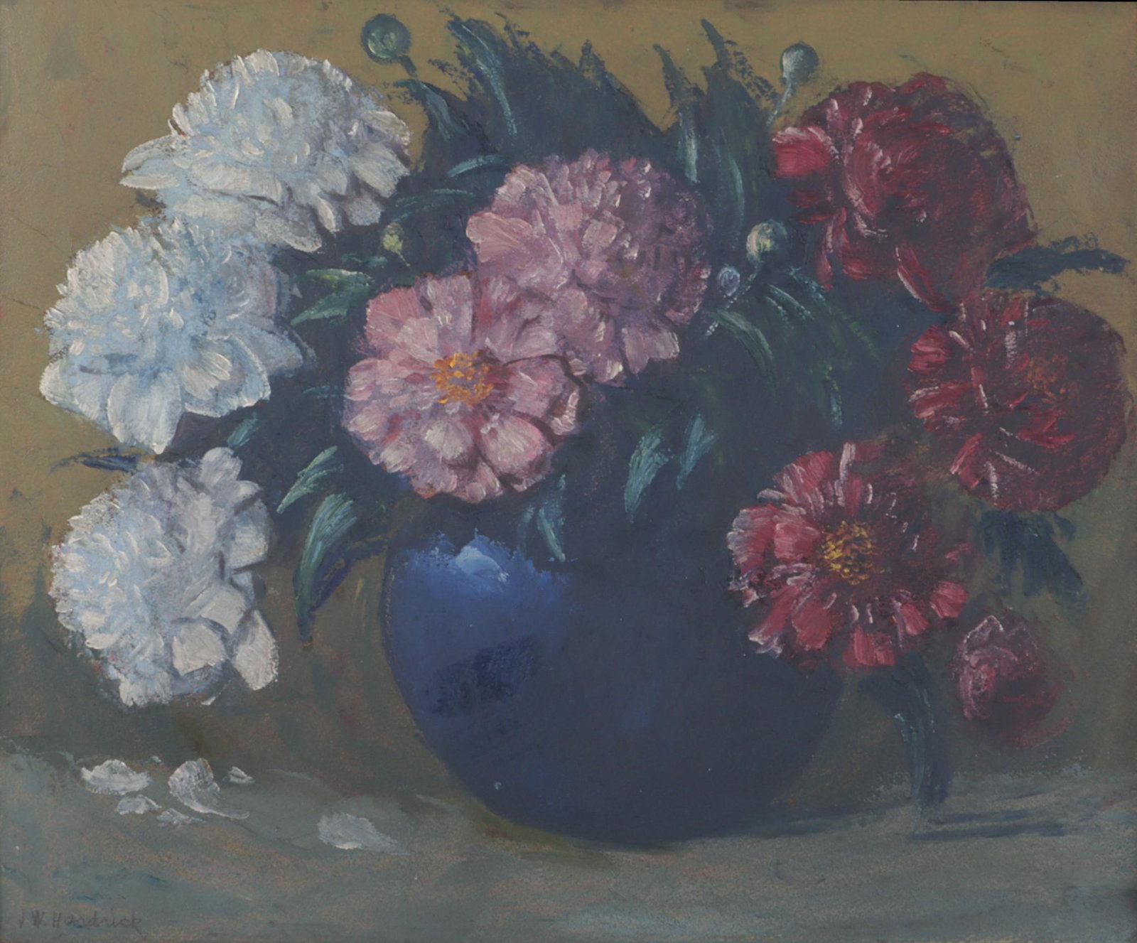 John Wesley Hardrick, Indiana (1891 - 1968), floral still life, oil on board, 19 1/2"H x 23 1/2"W: John Wesley Hardrick Indiana (1891 - 1968) floral still life oil on board Signed lower left. Highly important African-American painter from Indianapolis. Hardrick studied at the John Herron Art Instit