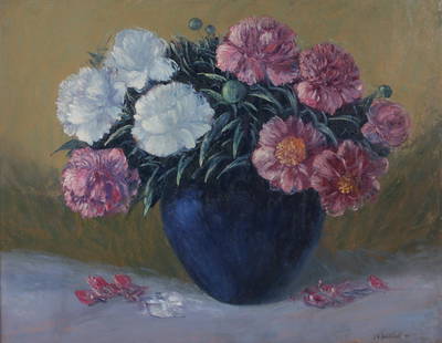 John Wesley Hardrick, Indiana (1891 - 1968), Still Life with Peonies, 1945, oil on board, 22 1/2"H x: John Wesley Hardrick Indiana (1891 - 1968) Still Life with Peonies, 1945 oil on board signed and dated lower right. Highly important African-American painter from Indianapolis. Hardrick studied at the