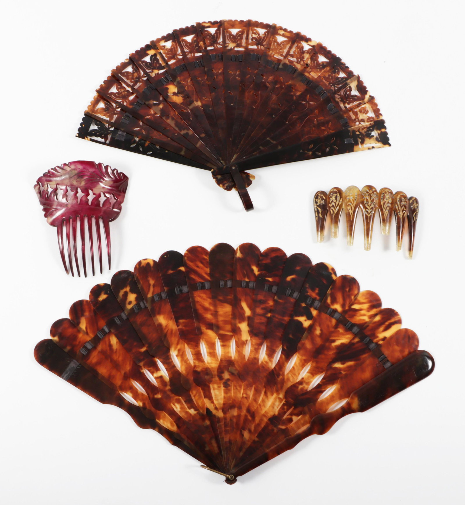 Four Antique Victorian tortoise shell accessories: two hand fans and two hair combs 8"H x 12"W (1 of 11)