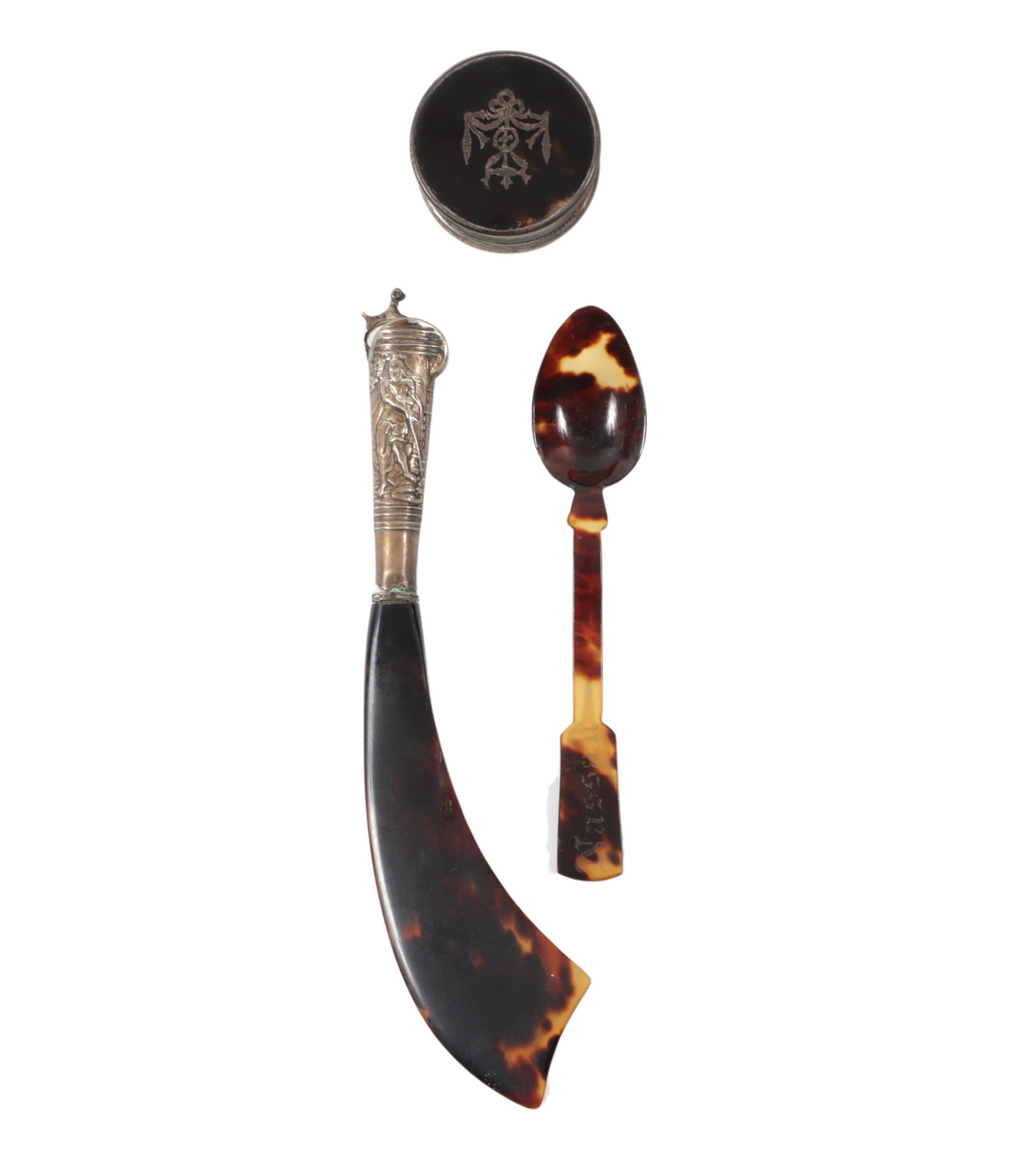 Three antique tortoise shell accessories: letter opener page turner with embossed sterling silver (1 of 13)