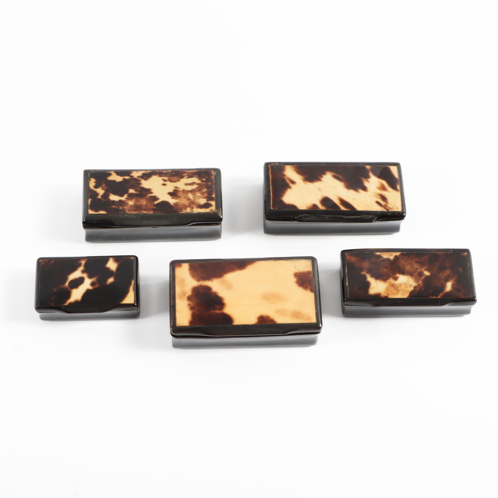 Five carved horn and tortoise shell inlaid snuff boxes, 19th century 7/8"H x 2 3/4"W x 1 1/2"D (1 of 9)