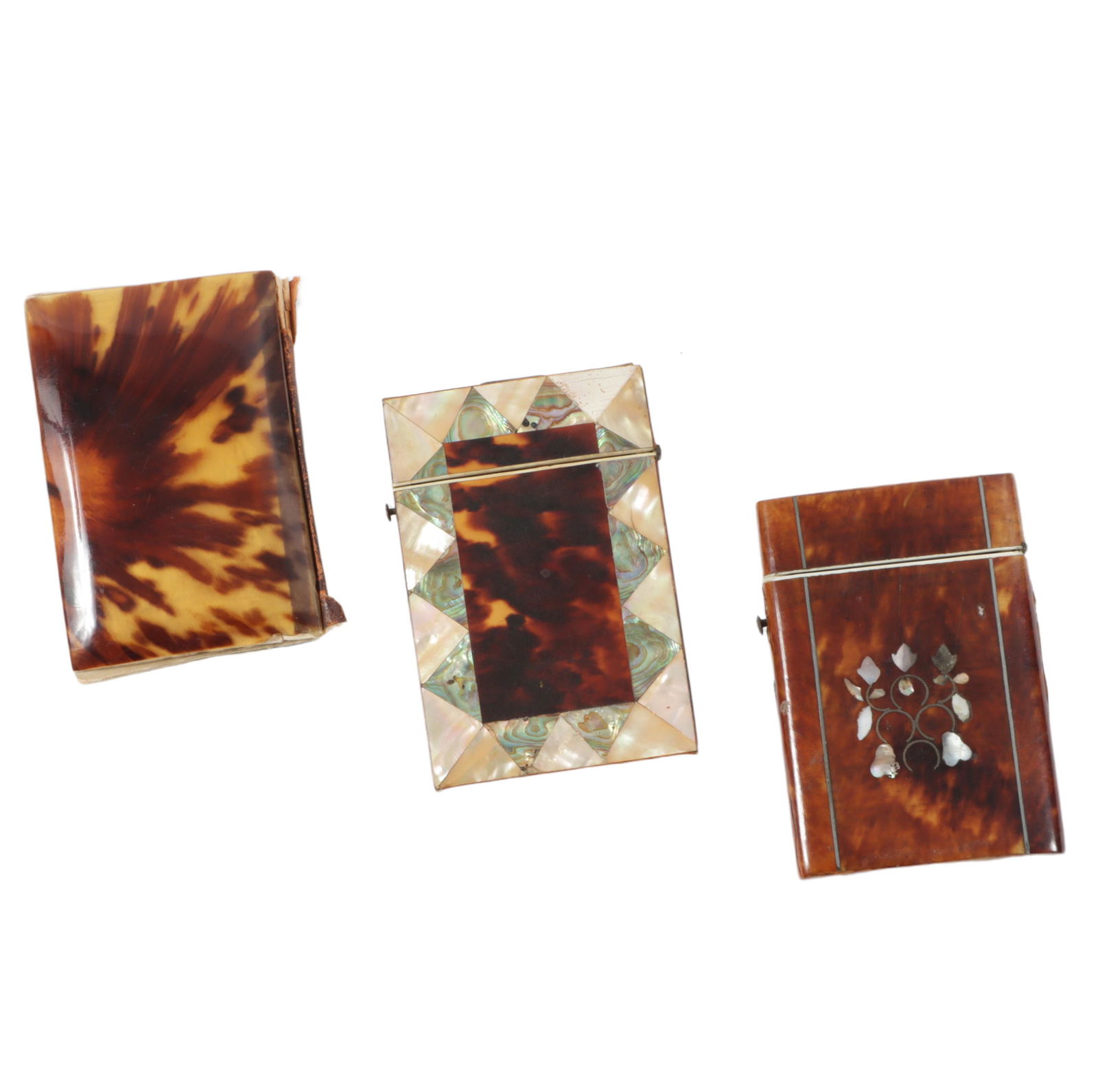 Three Victorian tortoise shell calling card cases: floral motif in mother of pearl inlay, 2 5/8"H x (1 of 11)
