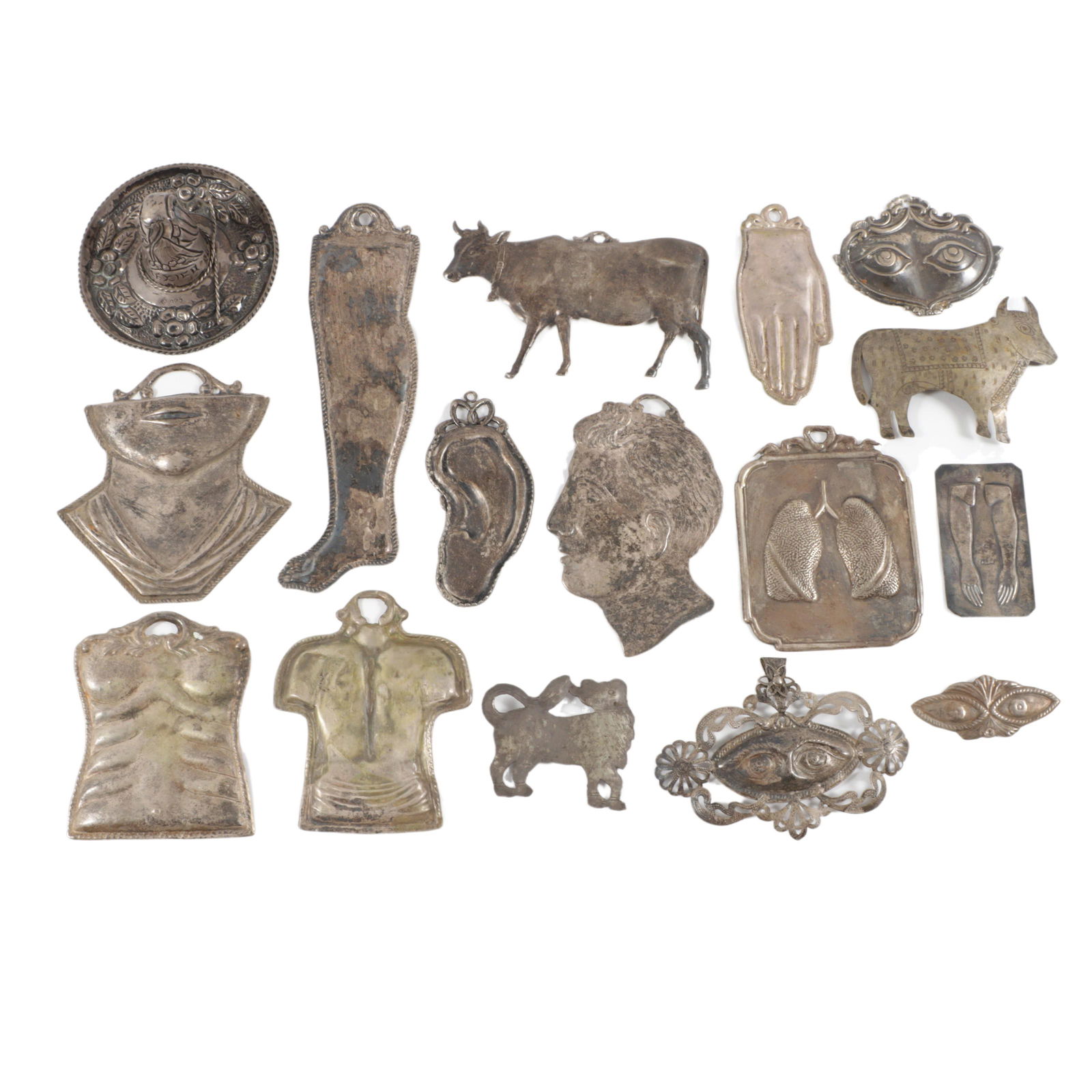 LARGE silvered metal Milagros Mexican folk art 16pc: sterling silver sombrero, sterling silver (1 of 17)