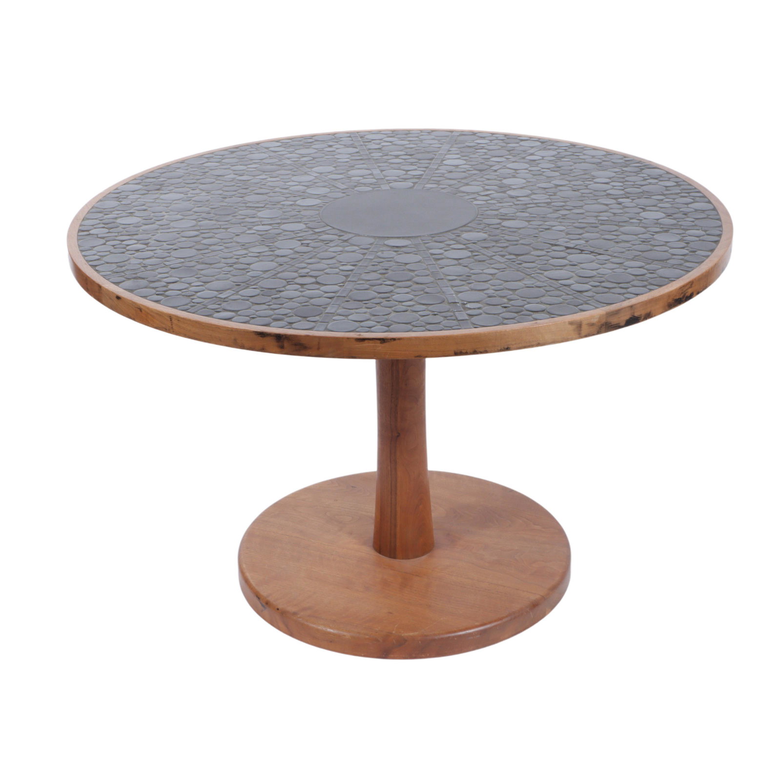 Gordon and Jane Martz Marshall Studios American art pottery tile top pedestal MCM teak side table. (1 of 9)