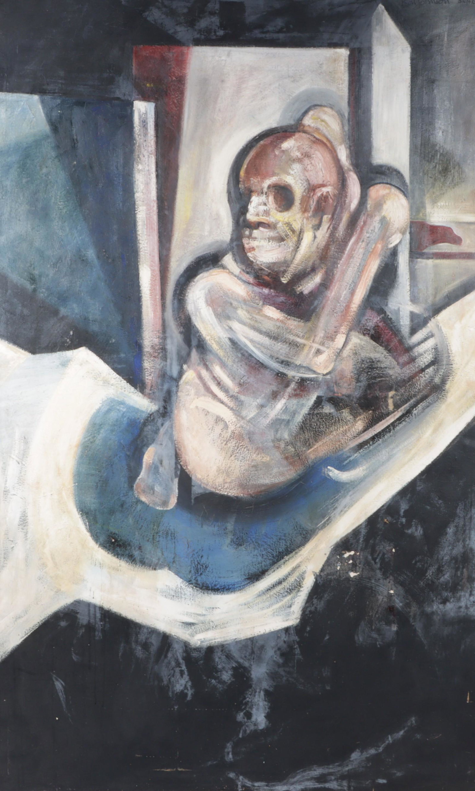 Ben Johnson, (20th Century), abstract figure, 1969, oil on canvas, 77 1/2"H x 47 3/4"W, 78 1/2"H x: Ben Johnson (20th Century) abstract figure, 1969 oil on canvas Signed and dated upper right. Abrasions and chipped paint. Damage to frame. 77 1/2"H x 47 3/4"W, 78 1/2"H x 48 1/2"W (frame)
