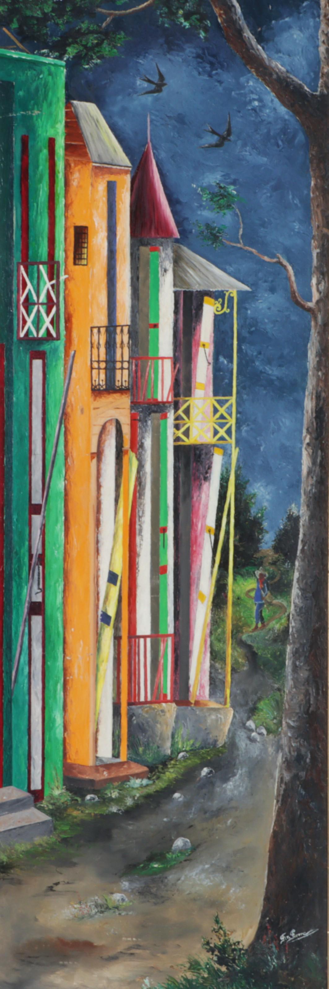 Fernand Pierre, Haitian (1919 - 2002), Night time village scene with figure, oil on board, 47 3/4"H (1 of 6)