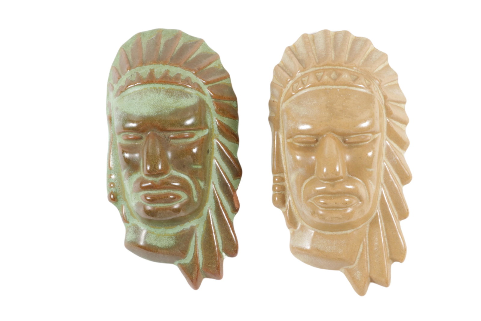 Two Frankoma Indian Chief Wall Masks, Both 4â€ T x 2â€ D x 1 1/4â€ W; Desert Gold glaze/Ada clay (1 of 7)