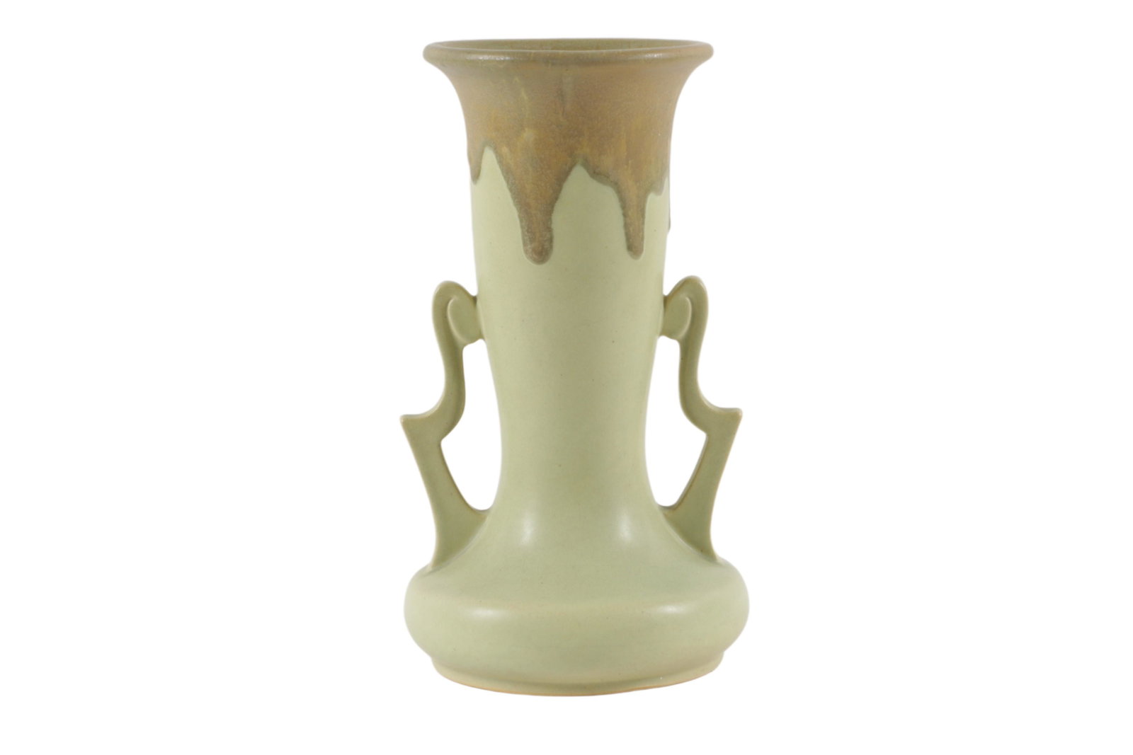 Roseville Carnelian I Vase, 10â€ T x 6â€ D Shape #323-10 Vase; 1915; matte green drip over green: Roseville Carnelian I Vase 10” T x 6” D Shape #323-10 Vase; 1915; matte green drip over green glaze; ink mark â€œRv.”