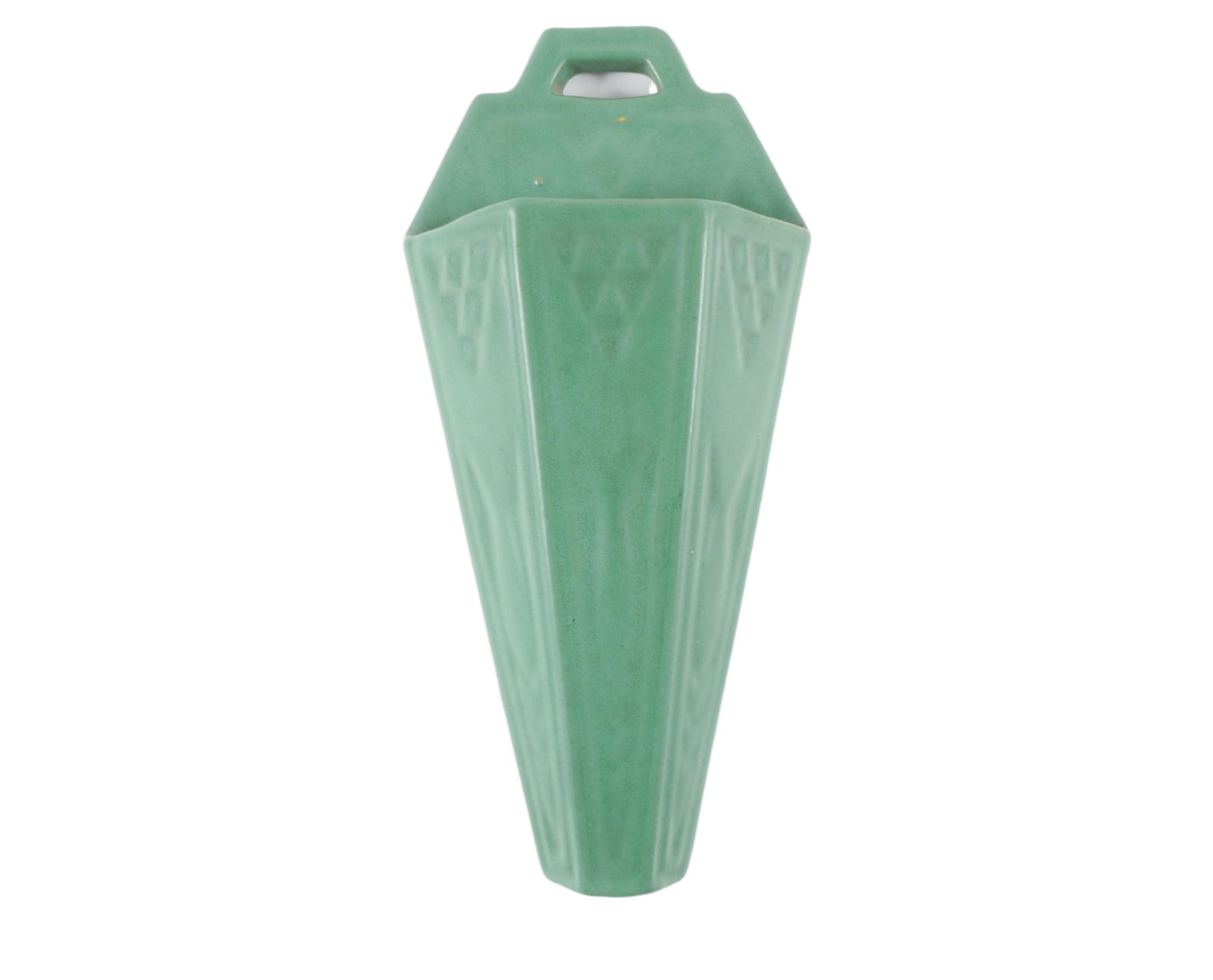 Roseville Matte Green Wall pocket, 10 1/4â€ T x 2â€ D x 4 3/4â€ W; matte green molded geometric (1 of 9)
