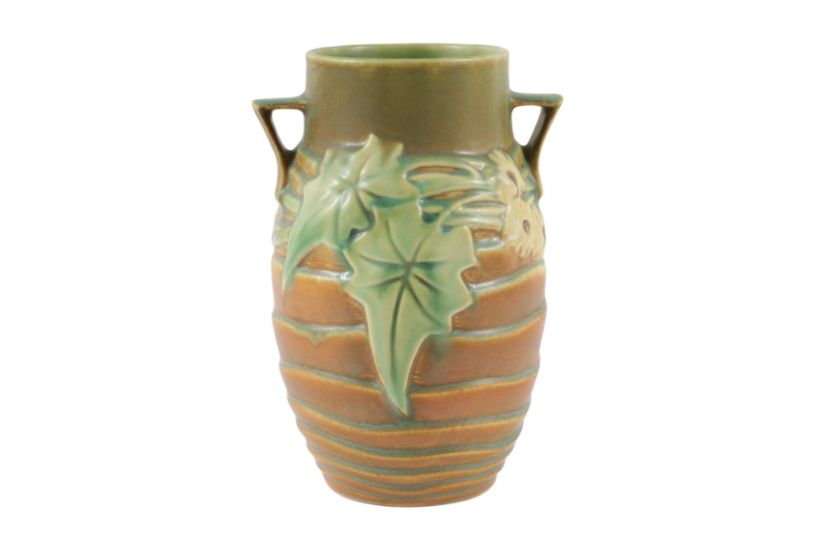 Roseville Luffa Vase, Shape # 687; 1925; 8â€ T x 4 1/2â€ D; unmarked vase; original Lazarus price (1 of 8)