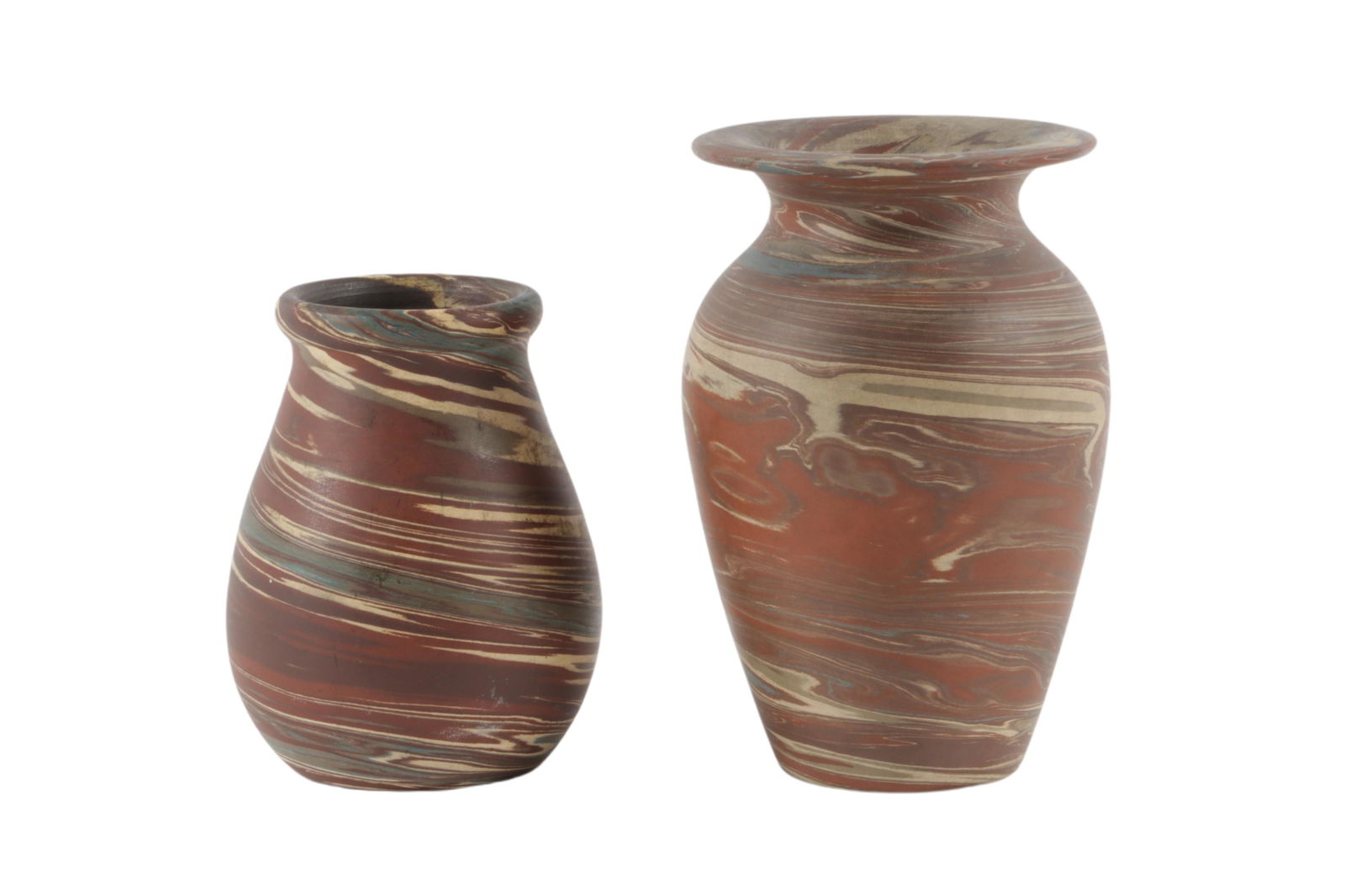 Pair of Niloak Mission Swirl art pottery vases 4 1/2â€H x 2 3/4â€Diam. (tallest) (1 of 11)